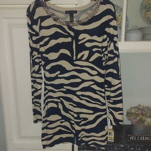 INC International Concepts Navy and Cream Beaded Tunic Sweater  Size M